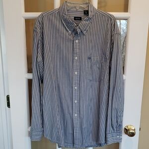 Vtg-Izod Men's Blue and White/Green/Black Striped Button Down Shirt Size:XXL